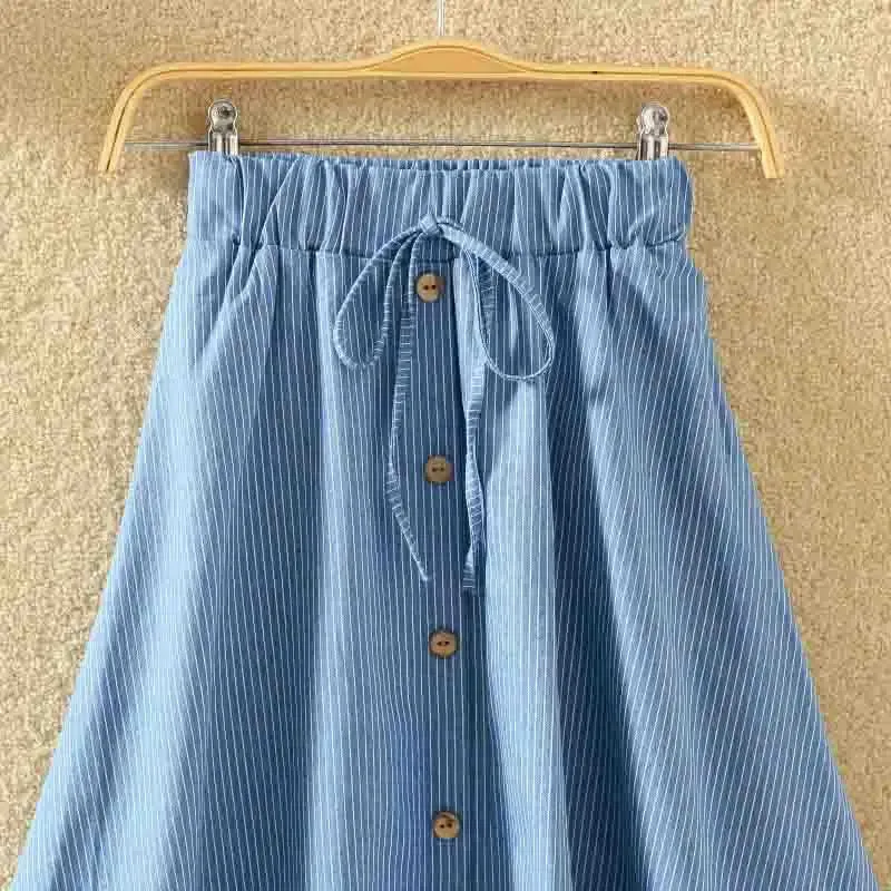 LVSANW Women Single-Breasted High-Waist Mid-Length Skirt Solid Color Denim Skirt