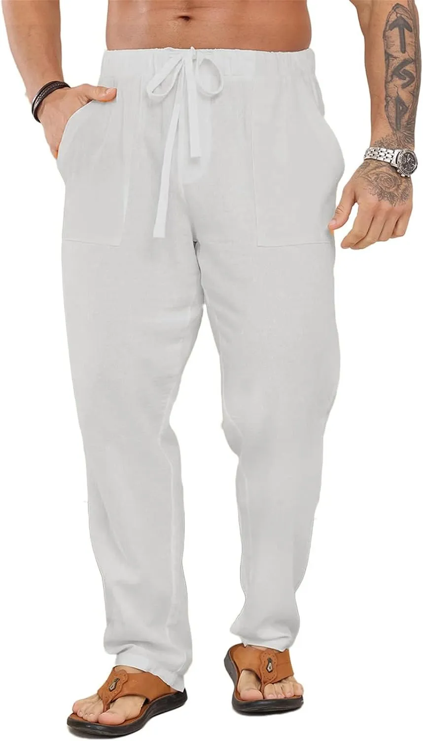 Men's Cotton Linen Pants Elastic Drawstring Waist Lounge Beach Yoga Trousers Casual Pants for Men Relaxed Fit