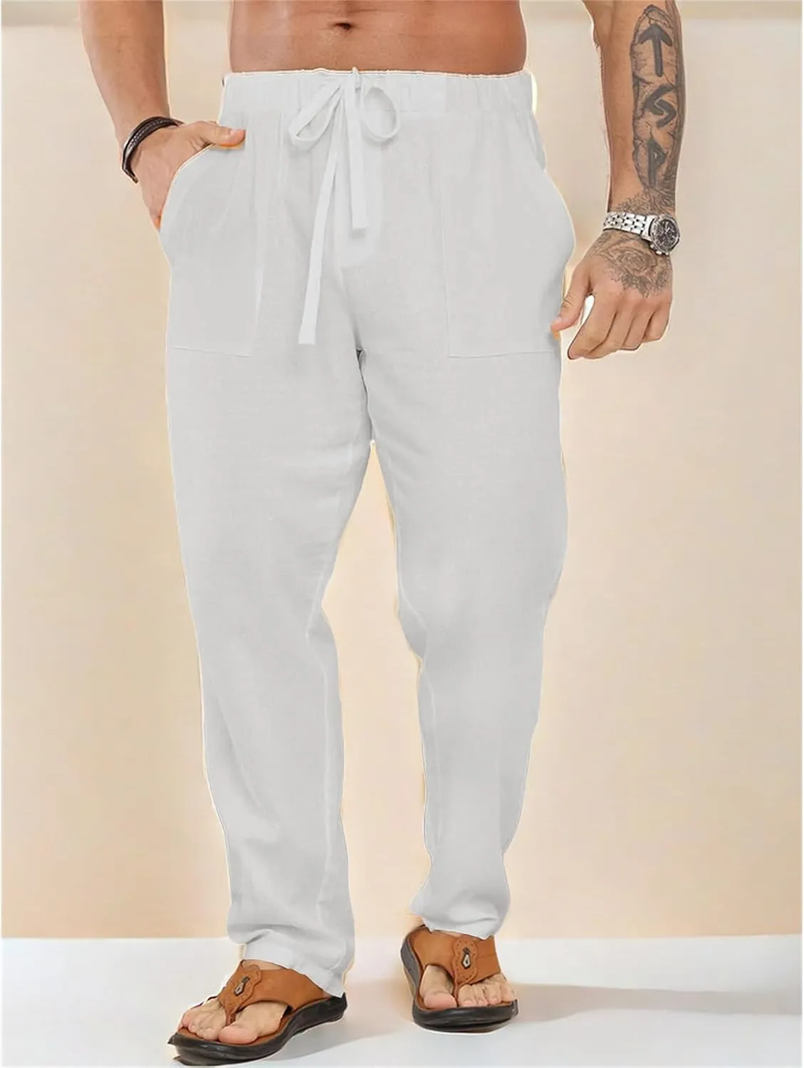 Men's Cotton Linen Pants Elastic Drawstring Waist Lounge Beach Yoga Trousers Casual Pants for Men Relaxed Fit