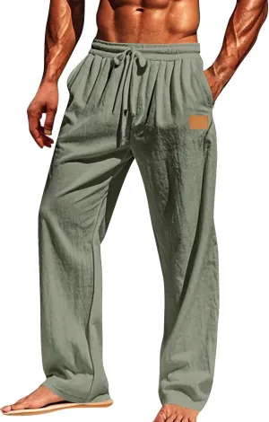 Mens Linen Pants Summer 2025 Loose Fit Work Elastic-Waisted Trendy Pants Travel Relax Fit Comfort Basic Outfits