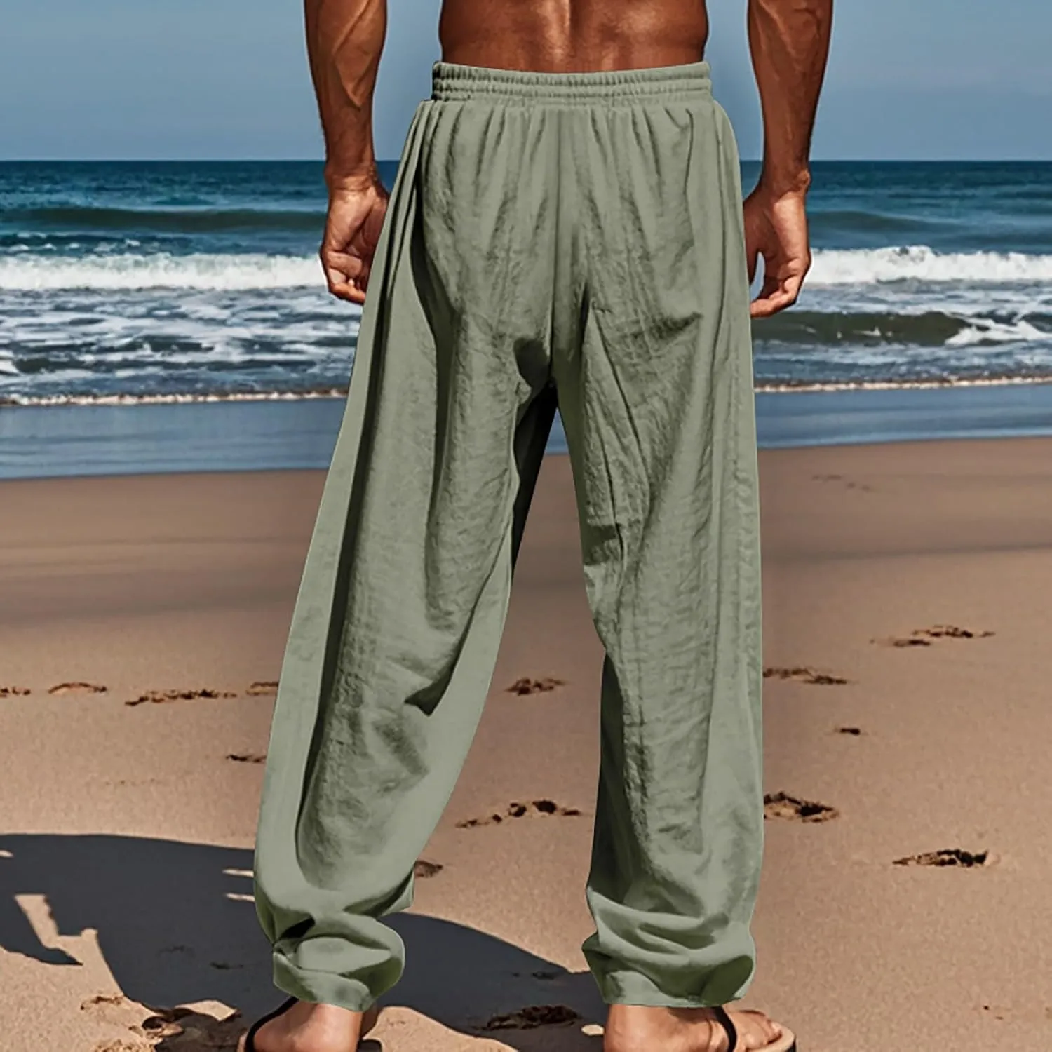 Mens Linen Pants Summer 2025 Loose Fit Work Elastic-Waisted Trendy Pants Travel Relax Fit Comfort Basic Outfits