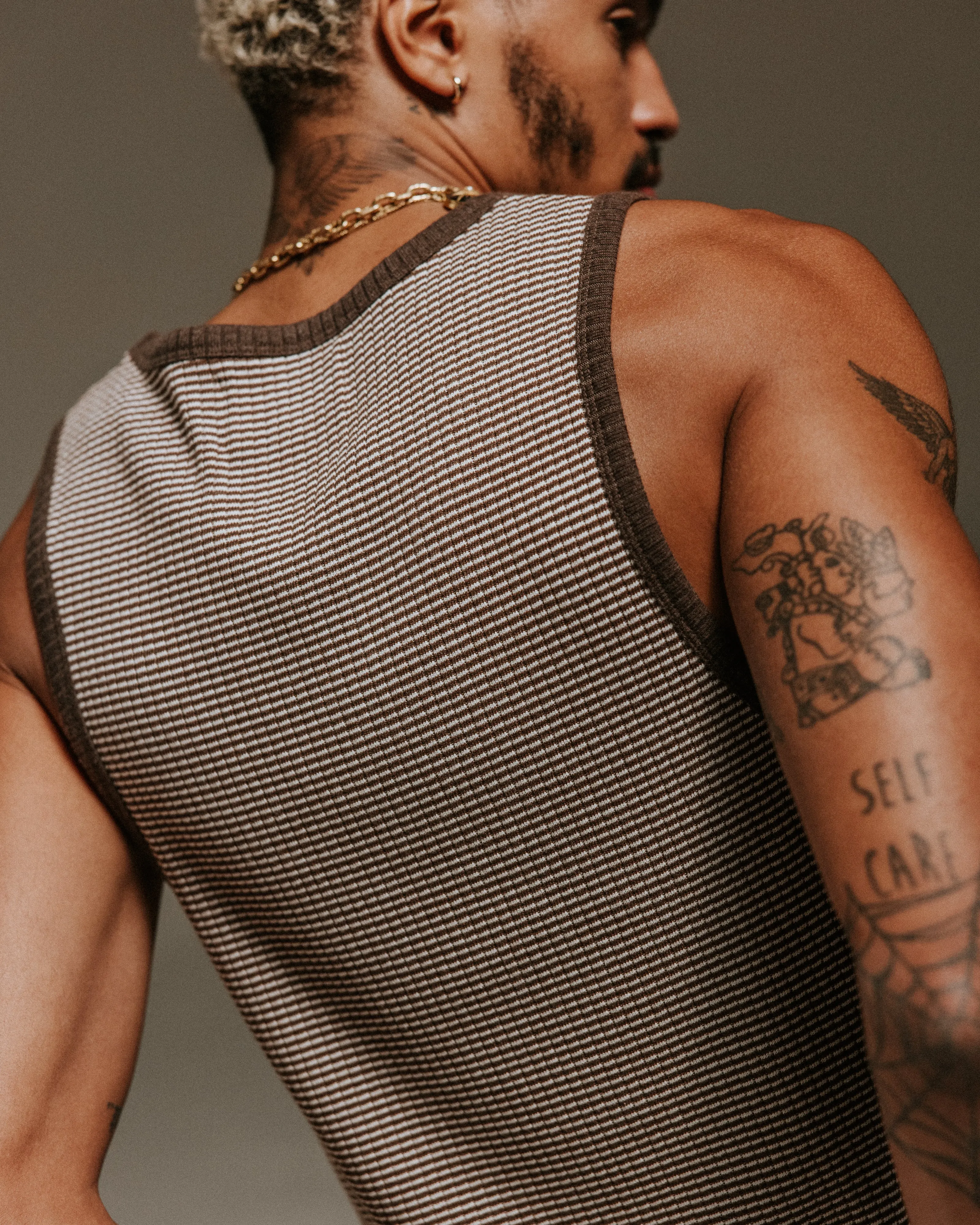 Montague - Brown And Ecru Striped Ribbed Organic Cotton Vest