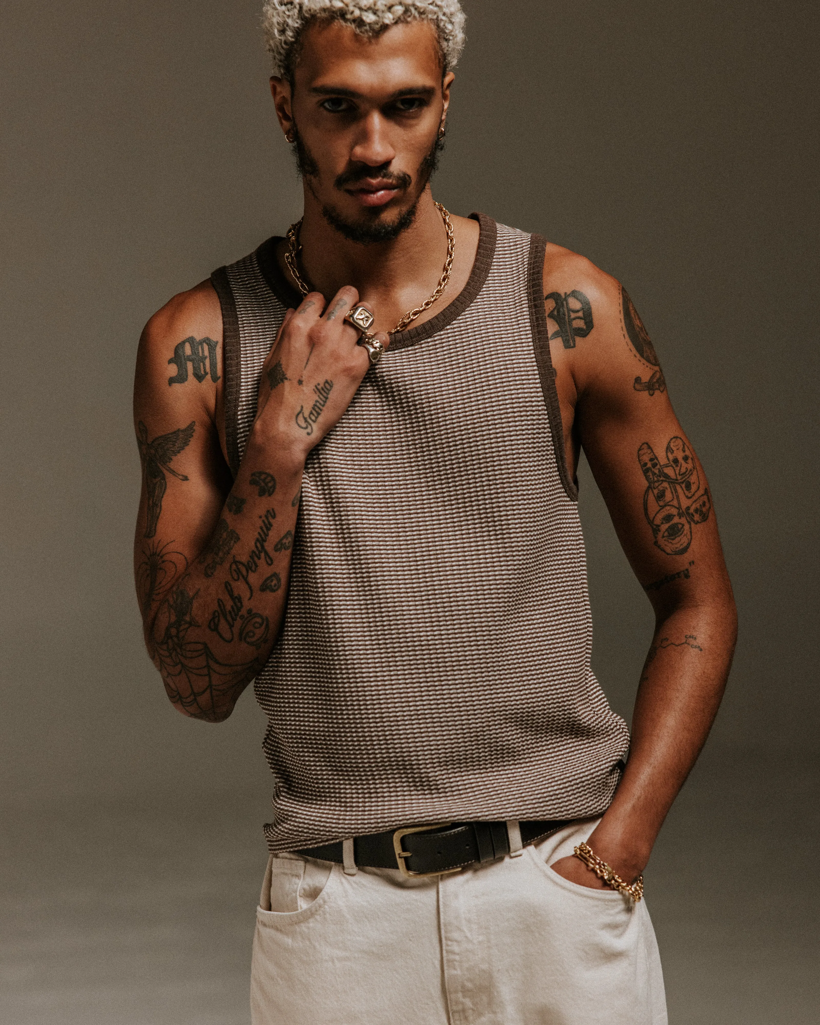 Montague - Brown And Ecru Striped Ribbed Organic Cotton Vest