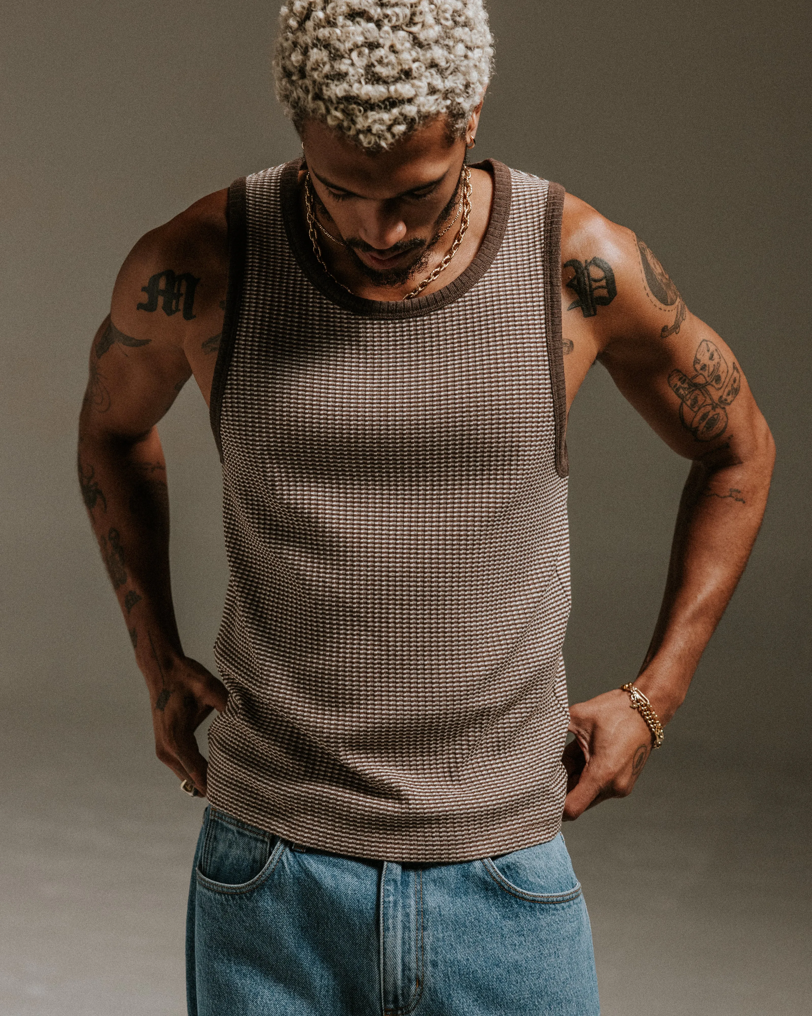 Montague - Brown And Ecru Striped Ribbed Organic Cotton Vest