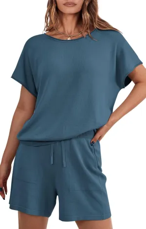 PRETTYGARDEN Two Piece Set For Women Summer Lounge Sets Shorts And Short Sleeve Tops Knitted Matching Travel Spring Outfits