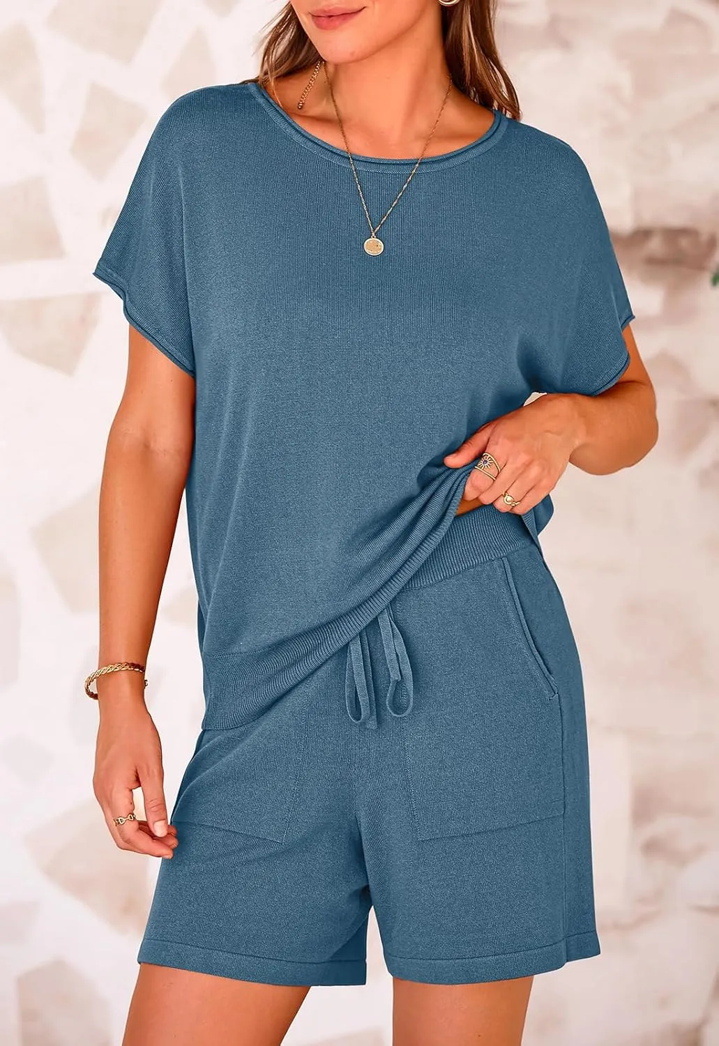 PRETTYGARDEN Two Piece Set For Women Summer Lounge Sets Shorts And Short Sleeve Tops Knitted Matching Travel Spring Outfits