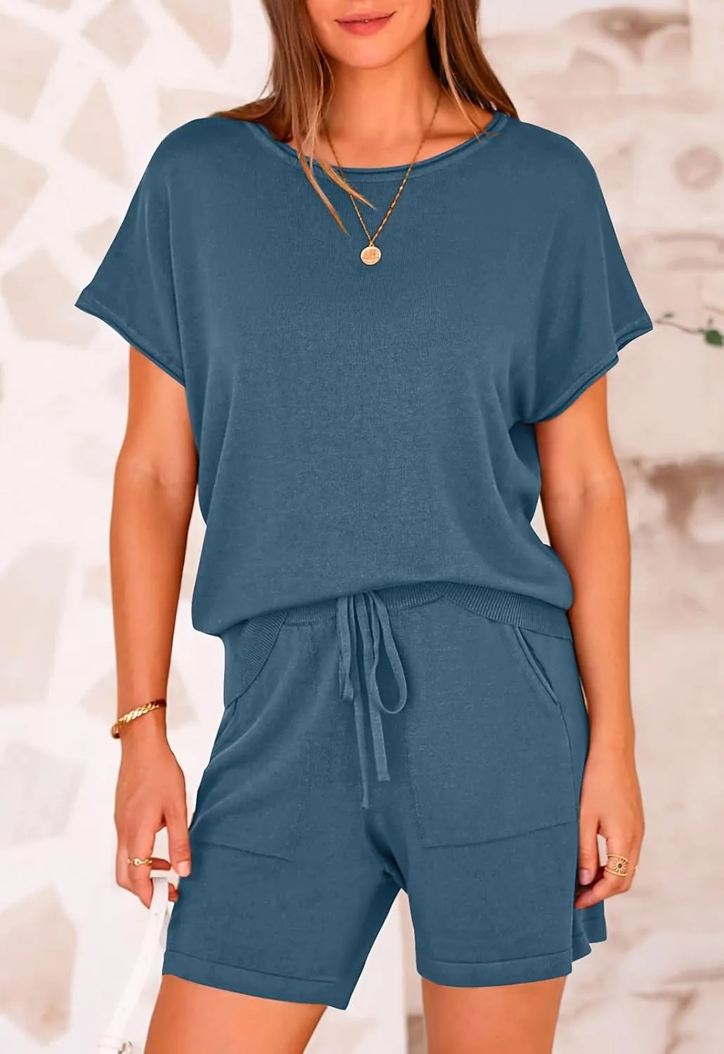 PRETTYGARDEN Two Piece Set For Women Summer Lounge Sets Shorts And Short Sleeve Tops Knitted Matching Travel Spring Outfits