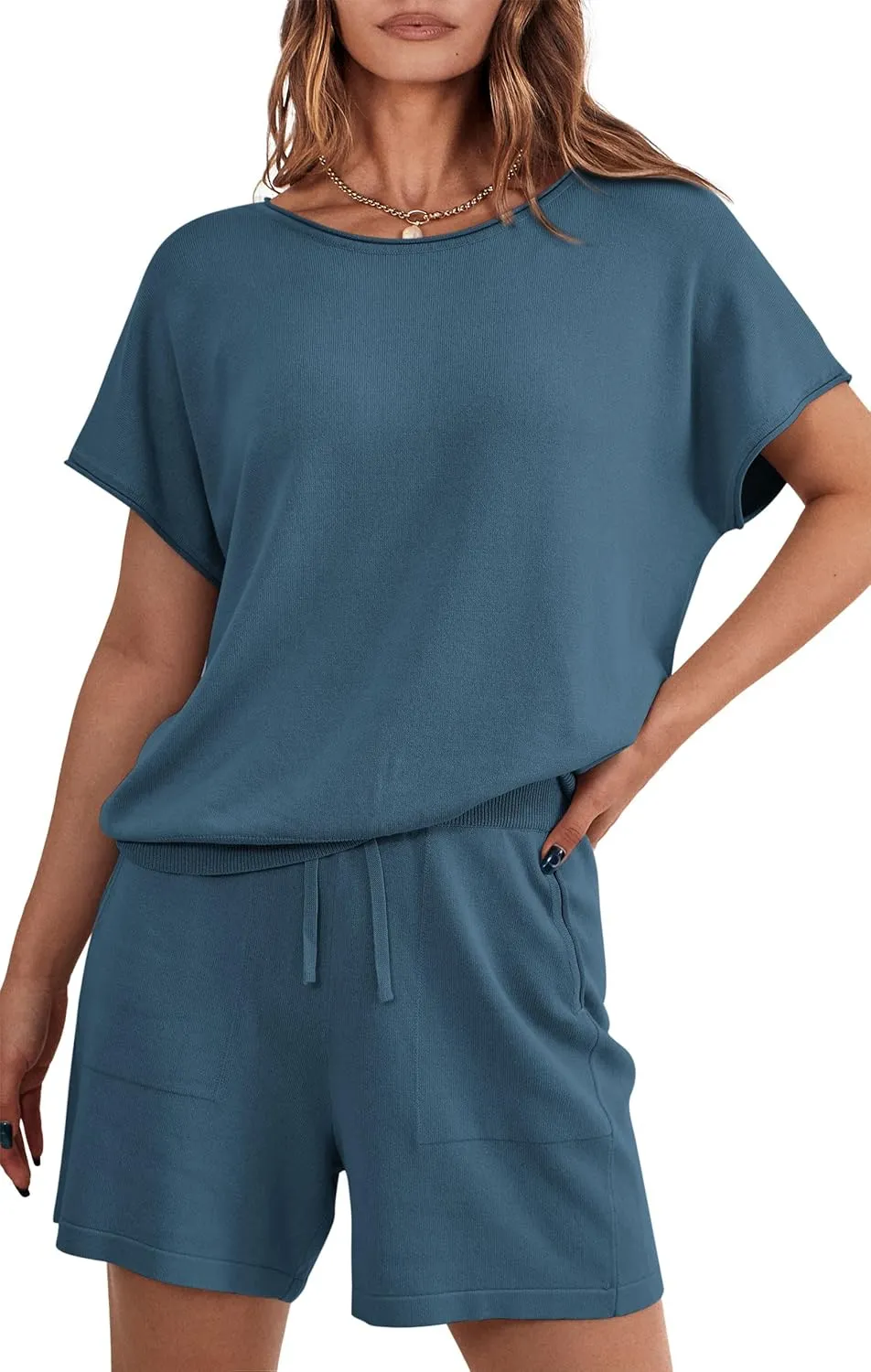 PRETTYGARDEN Two Piece Set For Women Summer Lounge Sets Shorts And Short Sleeve Tops Knitted Matching Travel Spring Outfits