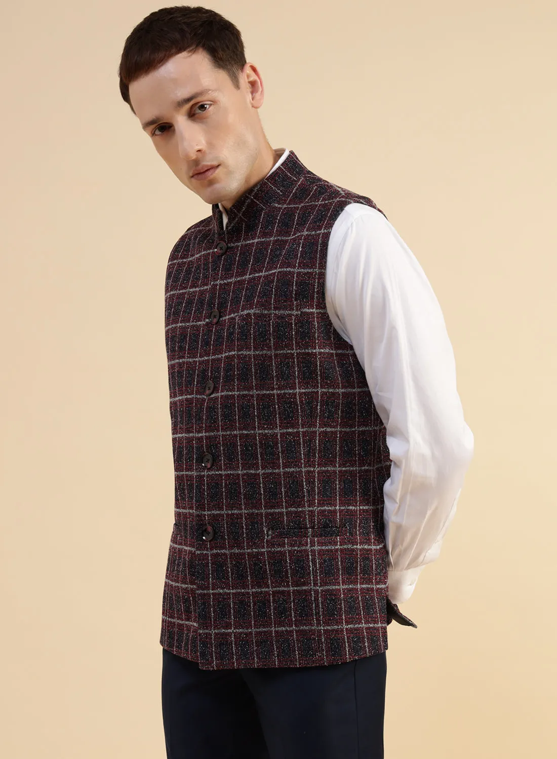 Red & Blue Uncrushable Check Nehru Jacket