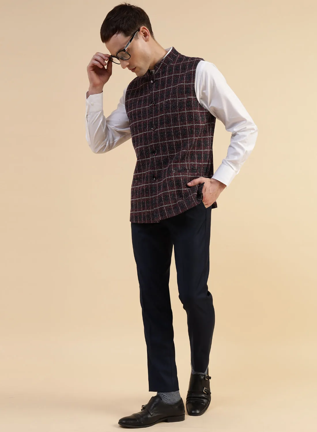 Red & Blue Uncrushable Check Nehru Jacket