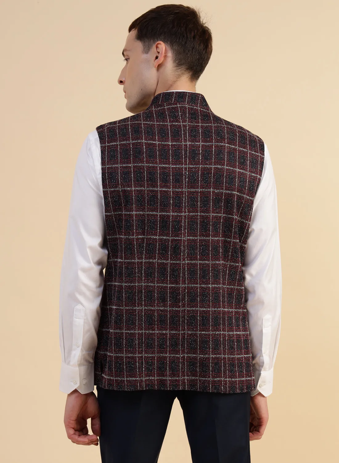 Red & Blue Uncrushable Check Nehru Jacket