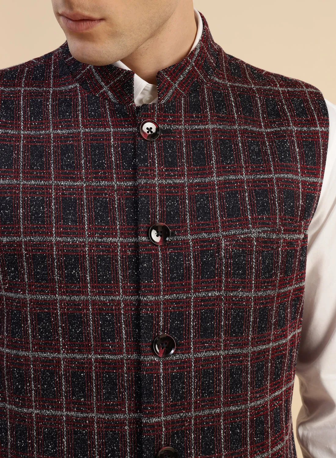 Red & Blue Uncrushable Check Nehru Jacket