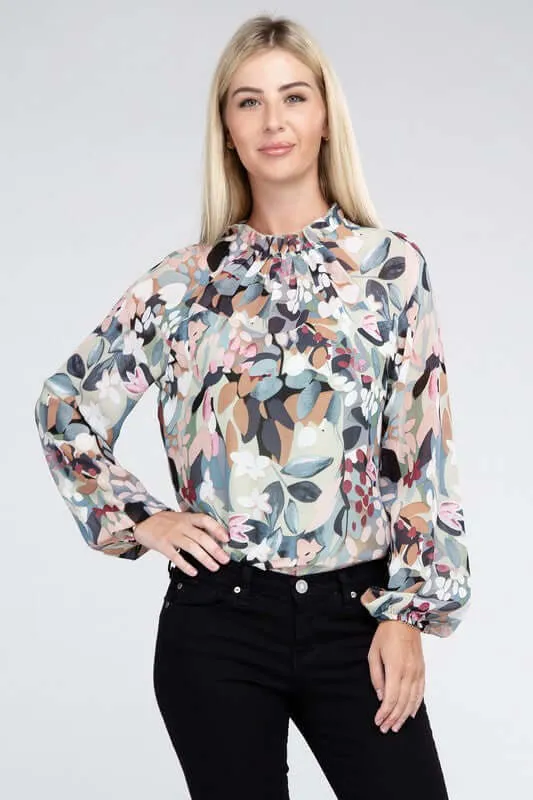 Sage Chiffon Floral Long Sleeve Blouse