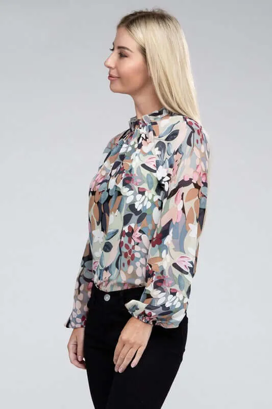 Sage Chiffon Floral Long Sleeve Blouse