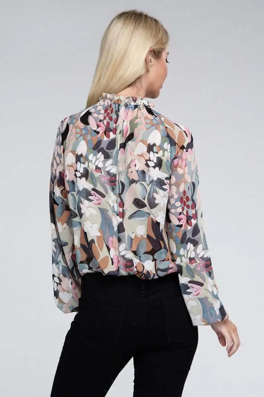Sage Chiffon Floral Long Sleeve Blouse