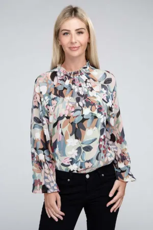 Sage Chiffon Floral Long Sleeve Blouse