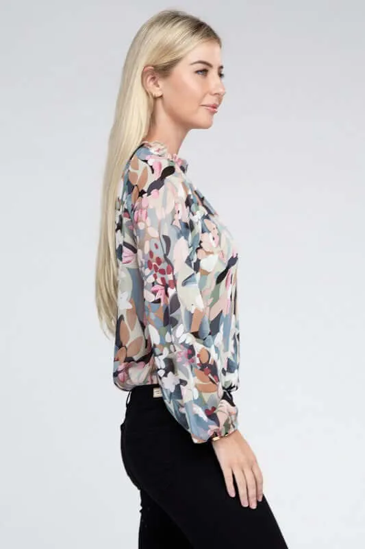 Sage Chiffon Floral Long Sleeve Blouse