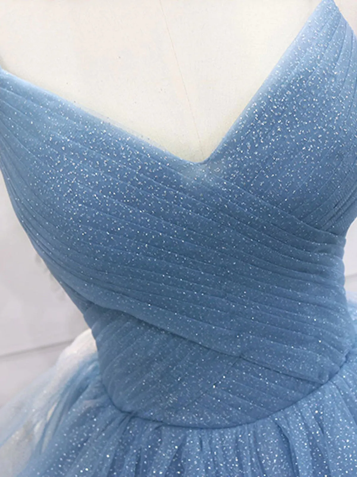 Shiny V Neck Blue Long Prom Dresses, Shiny V Neck Blue Long Formal Graduation Dresses
