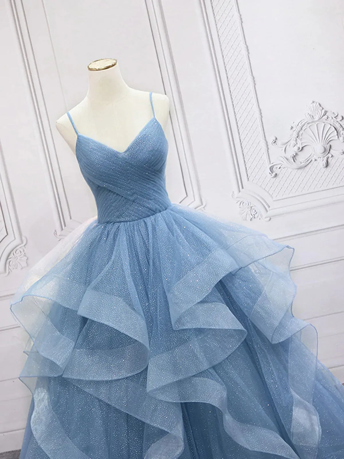 Shiny V Neck Blue Long Prom Dresses, Shiny V Neck Blue Long Formal Graduation Dresses