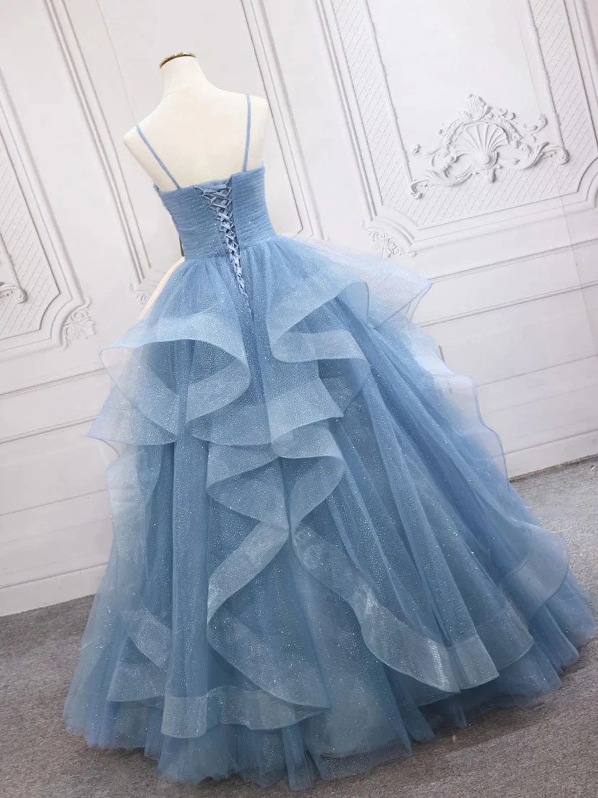Shiny V Neck Blue Long Prom Dresses, Shiny V Neck Blue Long Formal Graduation Dresses
