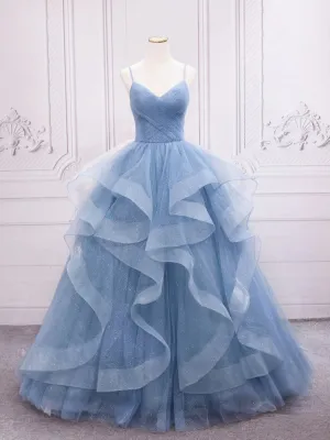 Shiny V Neck Blue Long Prom Dresses, Shiny V Neck Blue Long Formal Graduation Dresses
