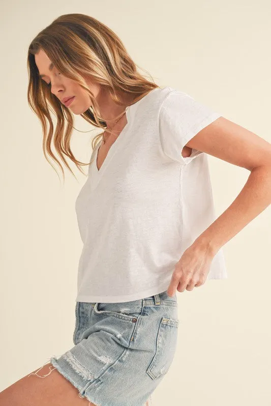 Side Slit V-Neck Short Sleeve Cropped T-Shirt