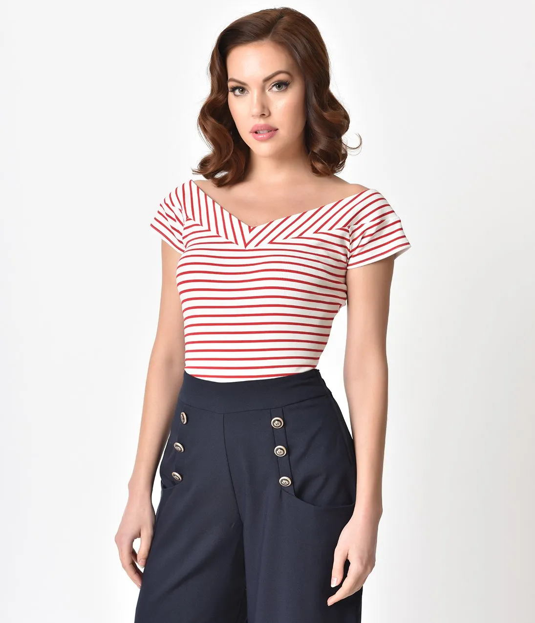 Unique Vintage 1950s Style White & Red Striped Stretch Knit Deena Top
