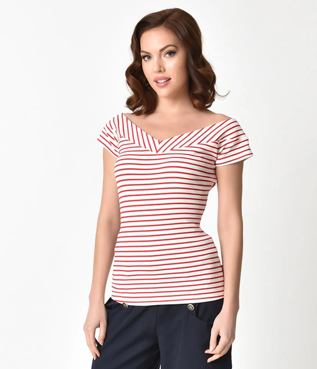 Unique Vintage 1950s Style White & Red Striped Stretch Knit Deena Top