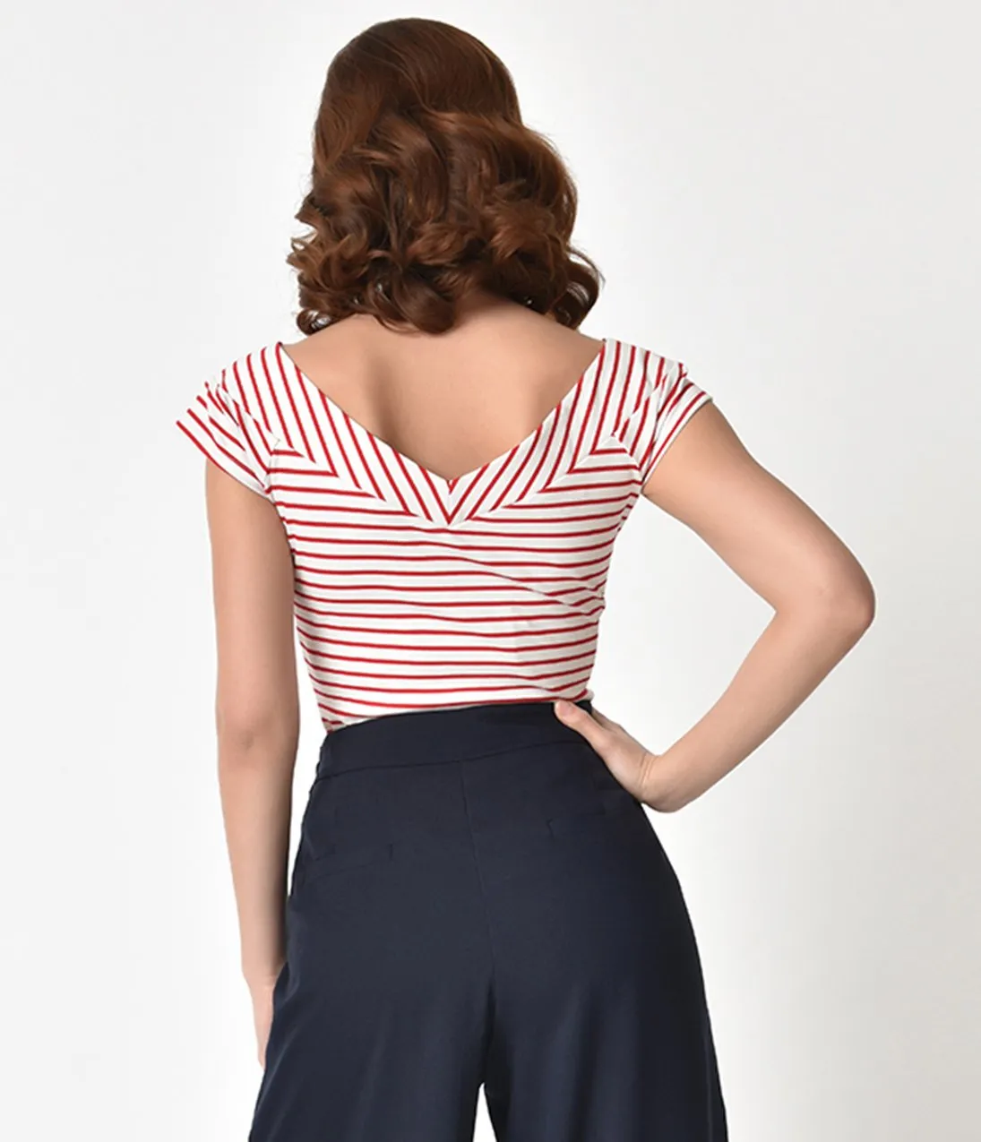 Unique Vintage 1950s Style White & Red Striped Stretch Knit Deena Top
