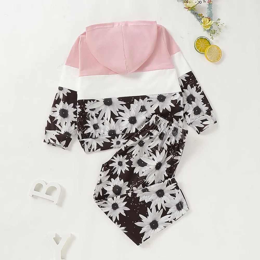 Unisex Color Block Flower Printed Hooded Long Sleeve Top & Pants Kids Wear Wholesale