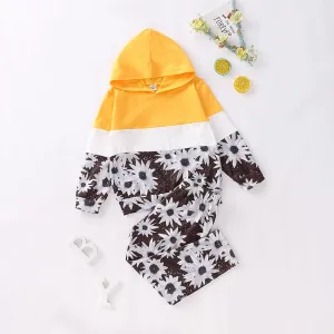 Unisex Color Block Flower Printed Hooded Long Sleeve Top & Pants Kids Wear Wholesale