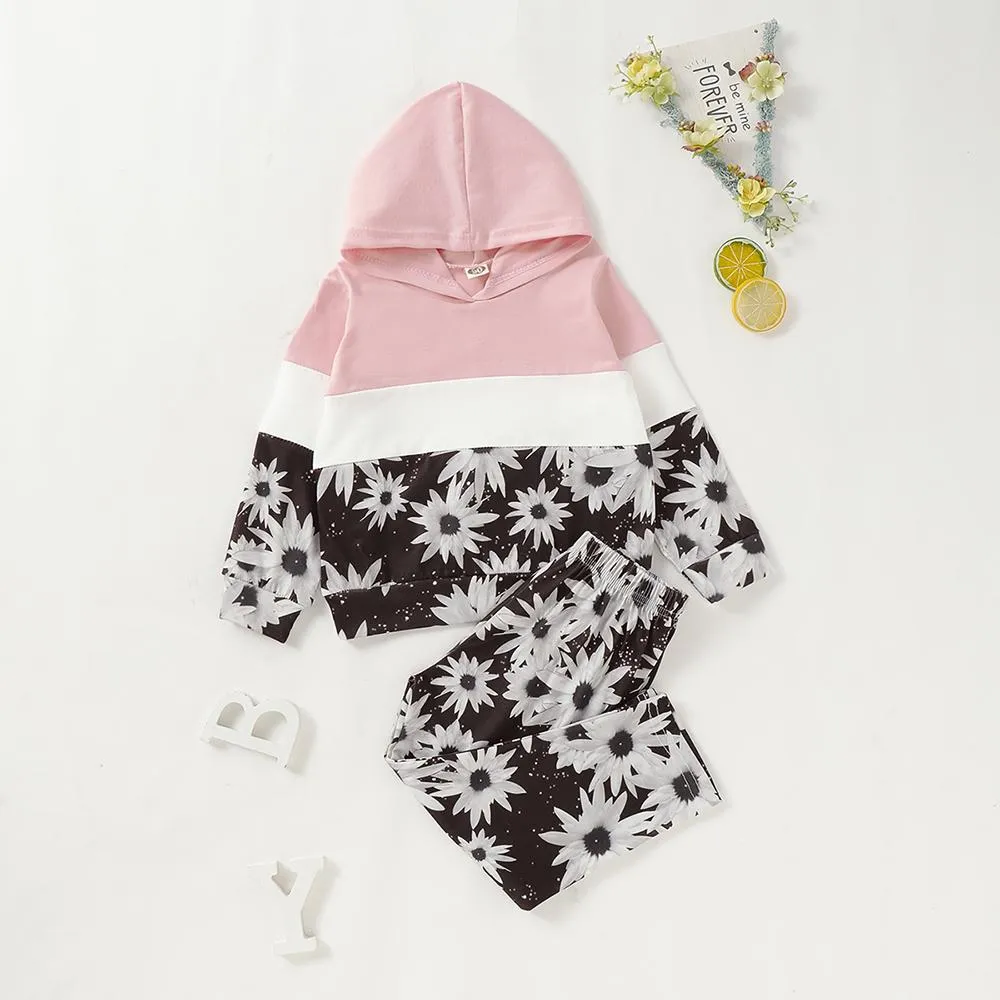 Unisex Color Block Flower Printed Hooded Long Sleeve Top & Pants Kids Wear Wholesale