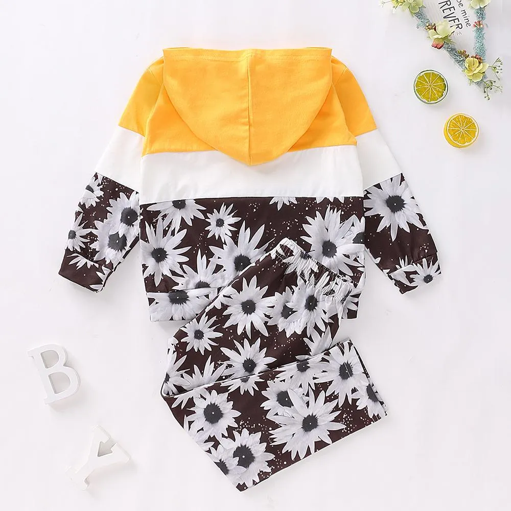 Unisex Color Block Flower Printed Hooded Long Sleeve Top & Pants Kids Wear Wholesale