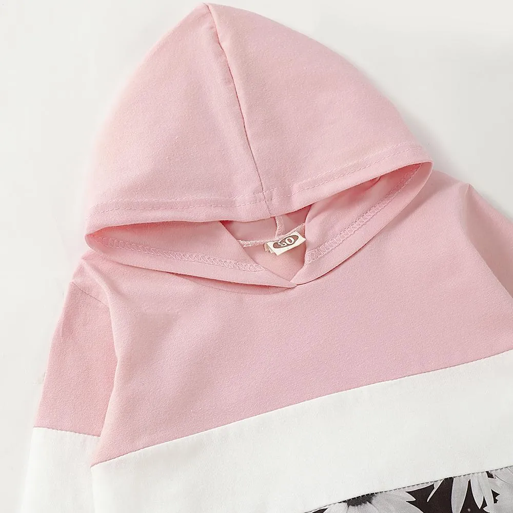 Unisex Color Block Flower Printed Hooded Long Sleeve Top & Pants Kids Wear Wholesale