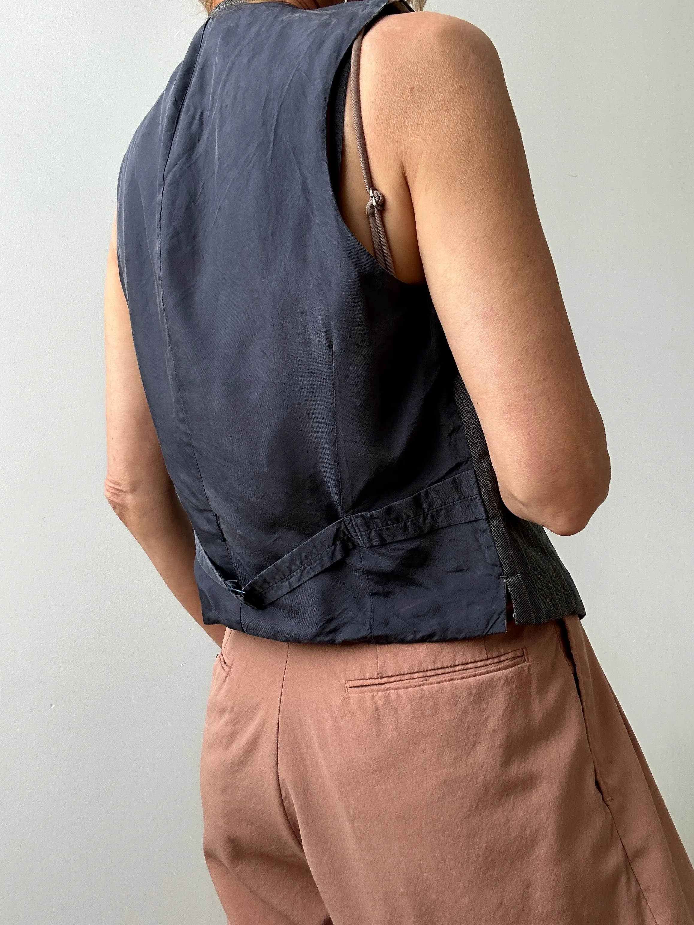 Vintage Suit Vest Mid Grey Blue Stripe