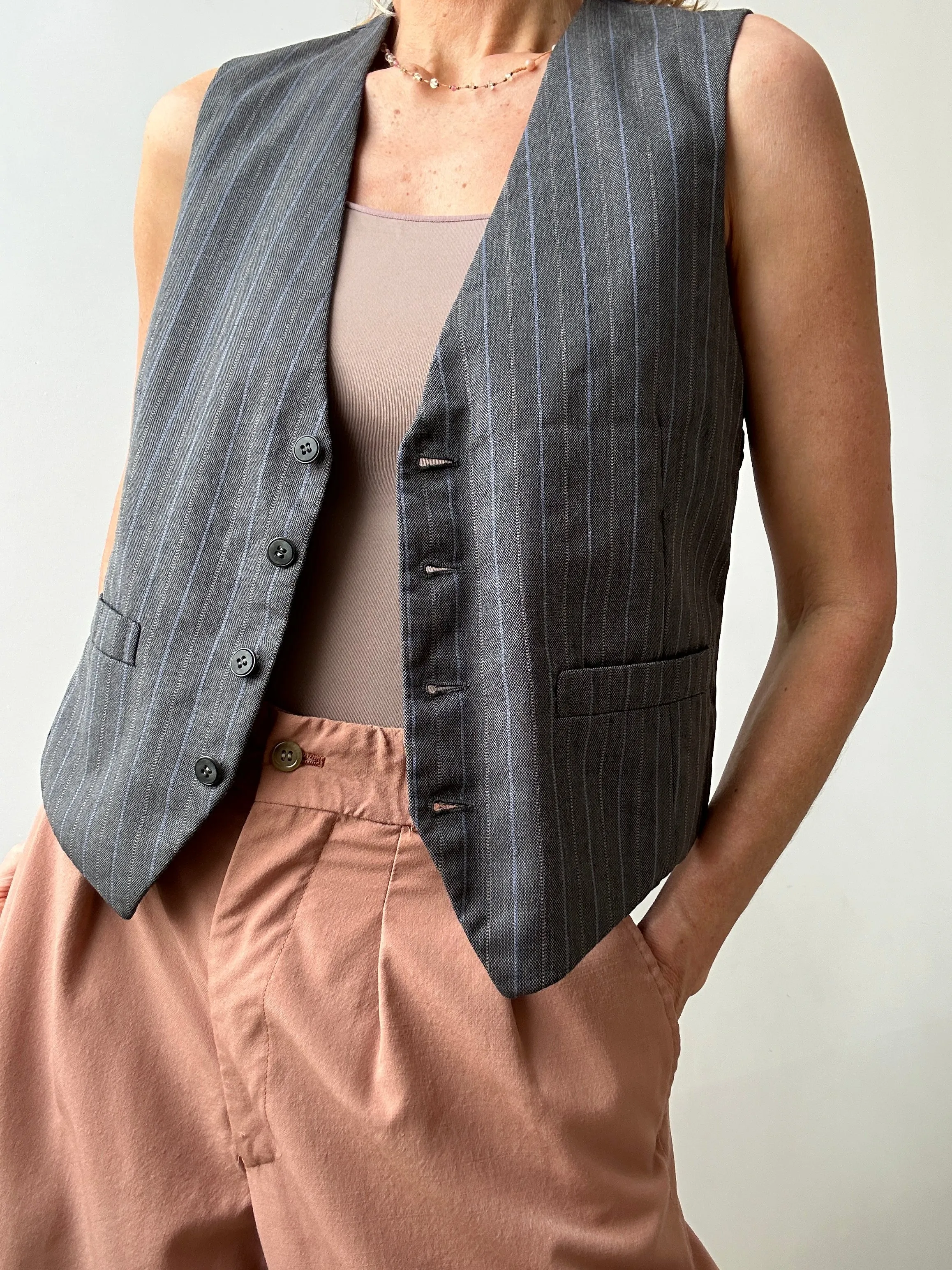 Vintage Suit Vest Mid Grey Blue Stripe