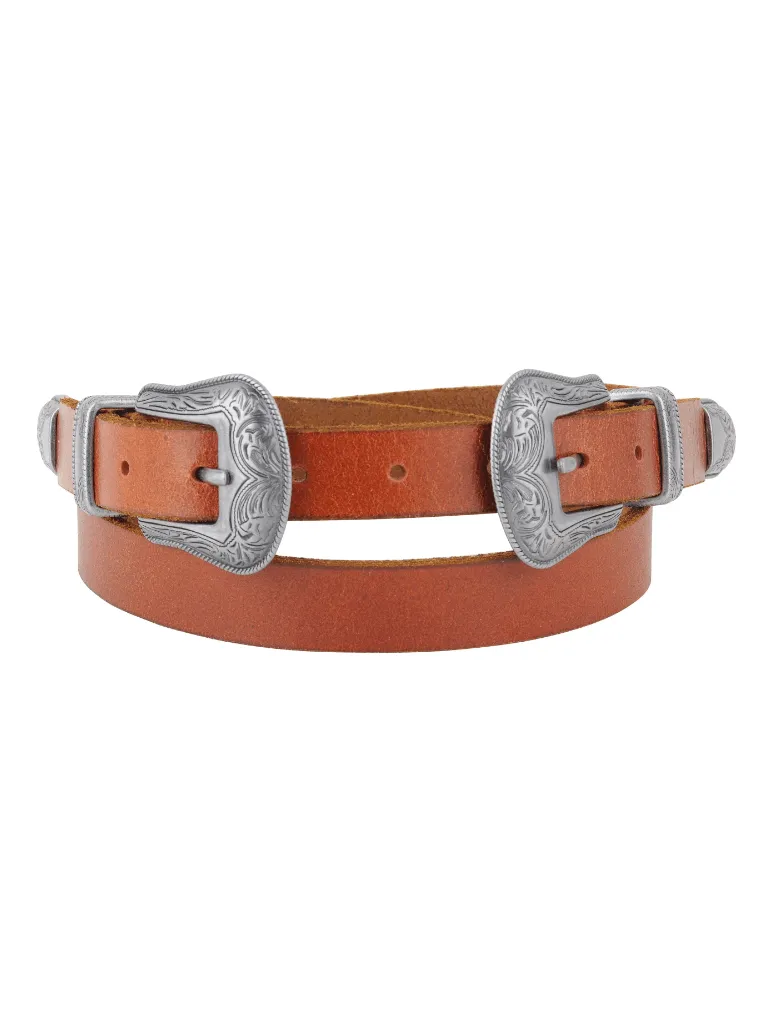 Western Double Buckle Leather Belt in Tan