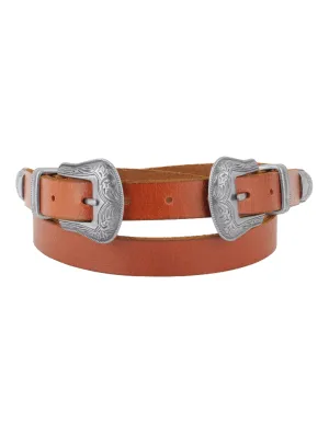 Western Double Buckle Leather Belt in Tan
