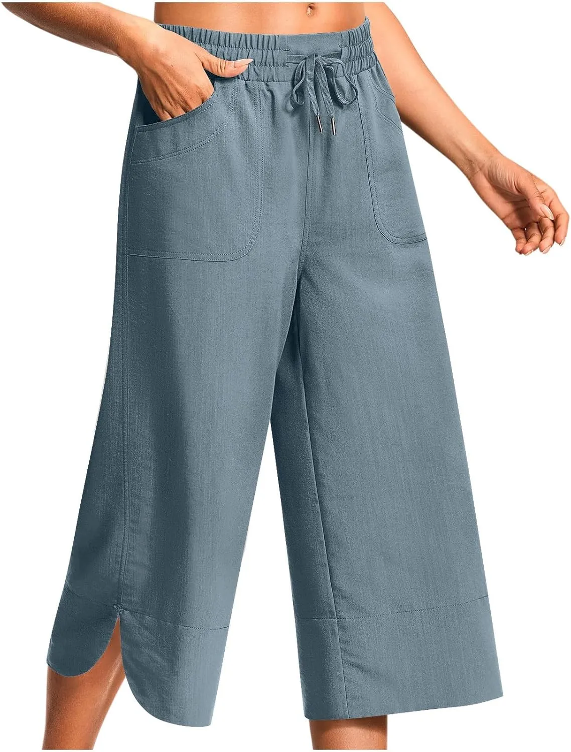 Wide Leg Capri Pants for Women Side Slit Hem Summer Casual Elastic High Waisted Cropped Trousers with Pockets