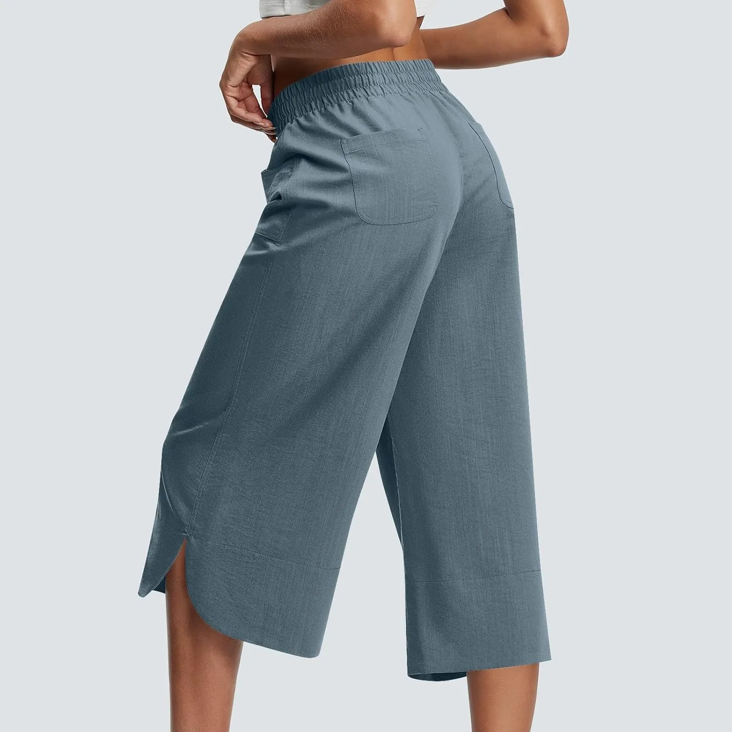 Wide Leg Capri Pants for Women Side Slit Hem Summer Casual Elastic High Waisted Cropped Trousers with Pockets