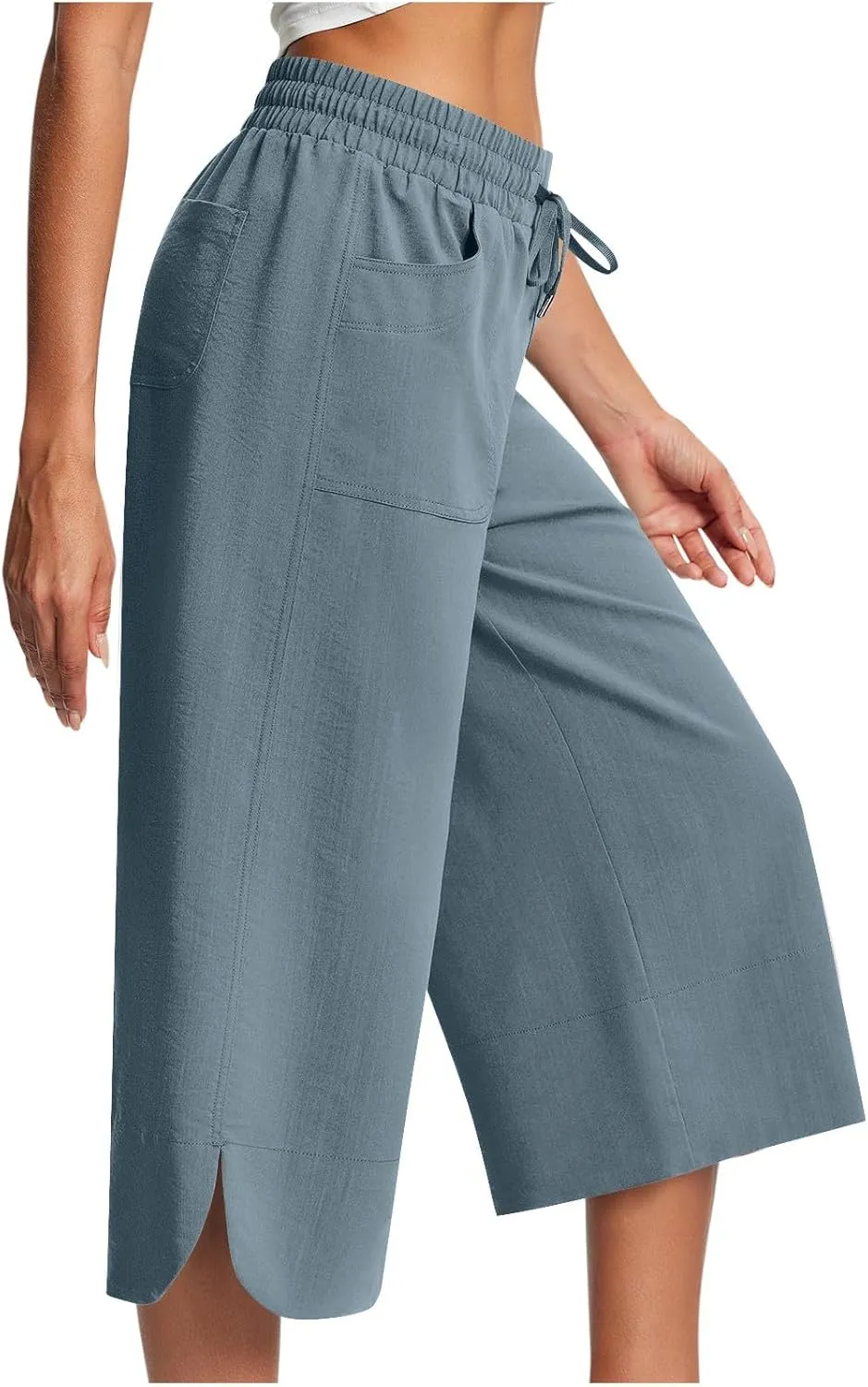 Wide Leg Capri Pants for Women Side Slit Hem Summer Casual Elastic High Waisted Cropped Trousers with Pockets