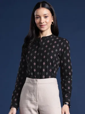 Women Black Ethnic Print Mandarin Collar Pure Cotton Formal Shirt