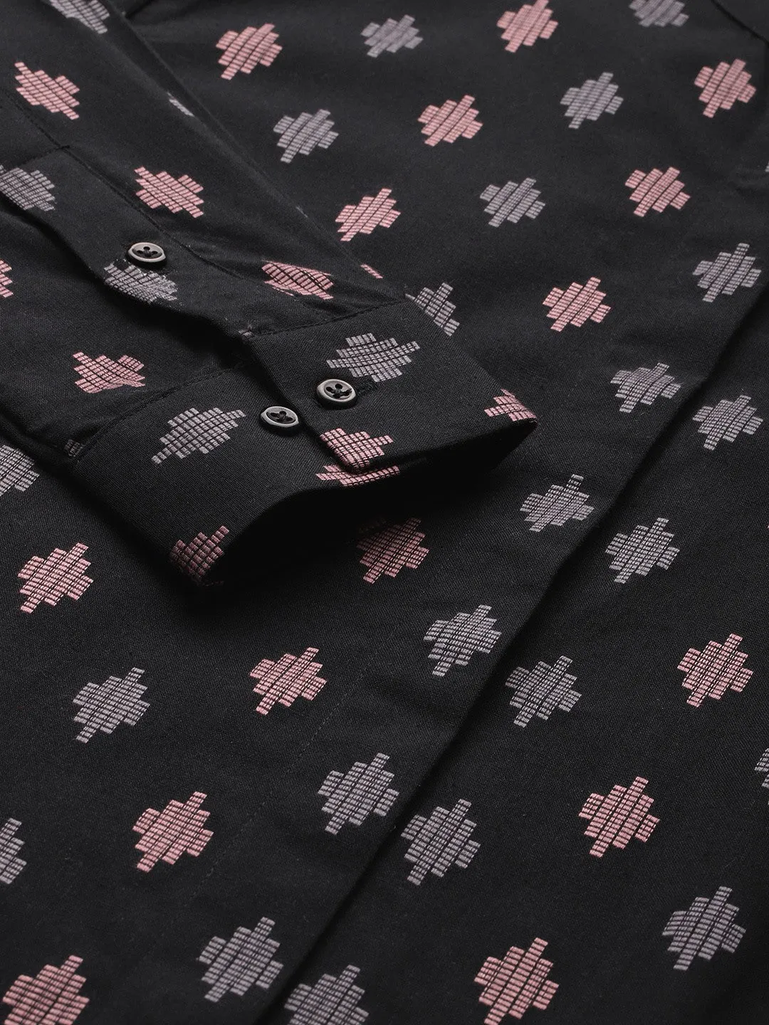 Women Black Ethnic Print Mandarin Collar Pure Cotton Formal Shirt
