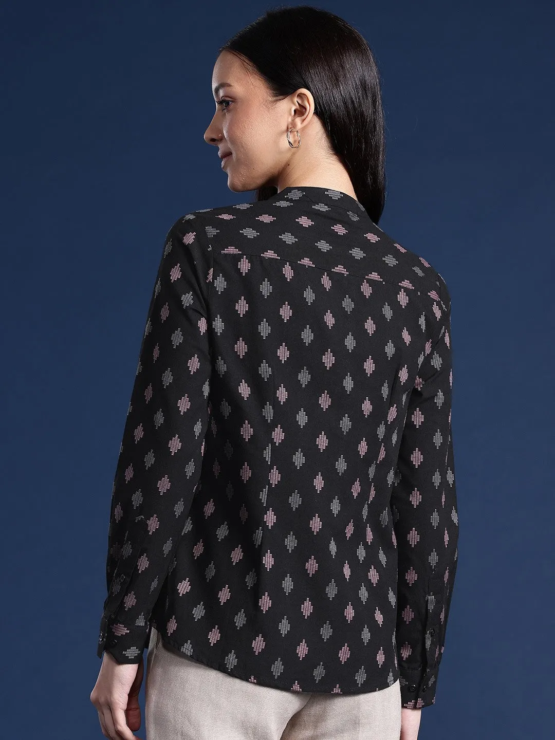 Women Black Ethnic Print Mandarin Collar Pure Cotton Formal Shirt
