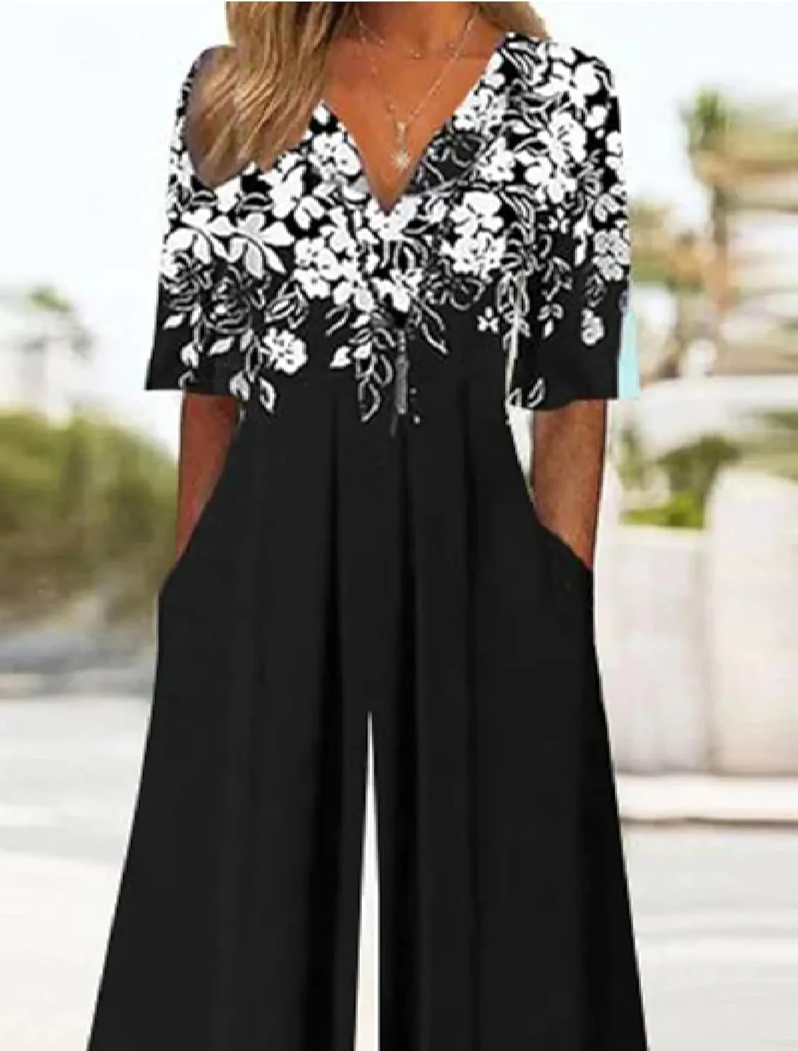 Women's Jumpsuit 2025 Spring Outfits Half Sleeve V Neck Wide Leg Pants Rompers with Side Pockets