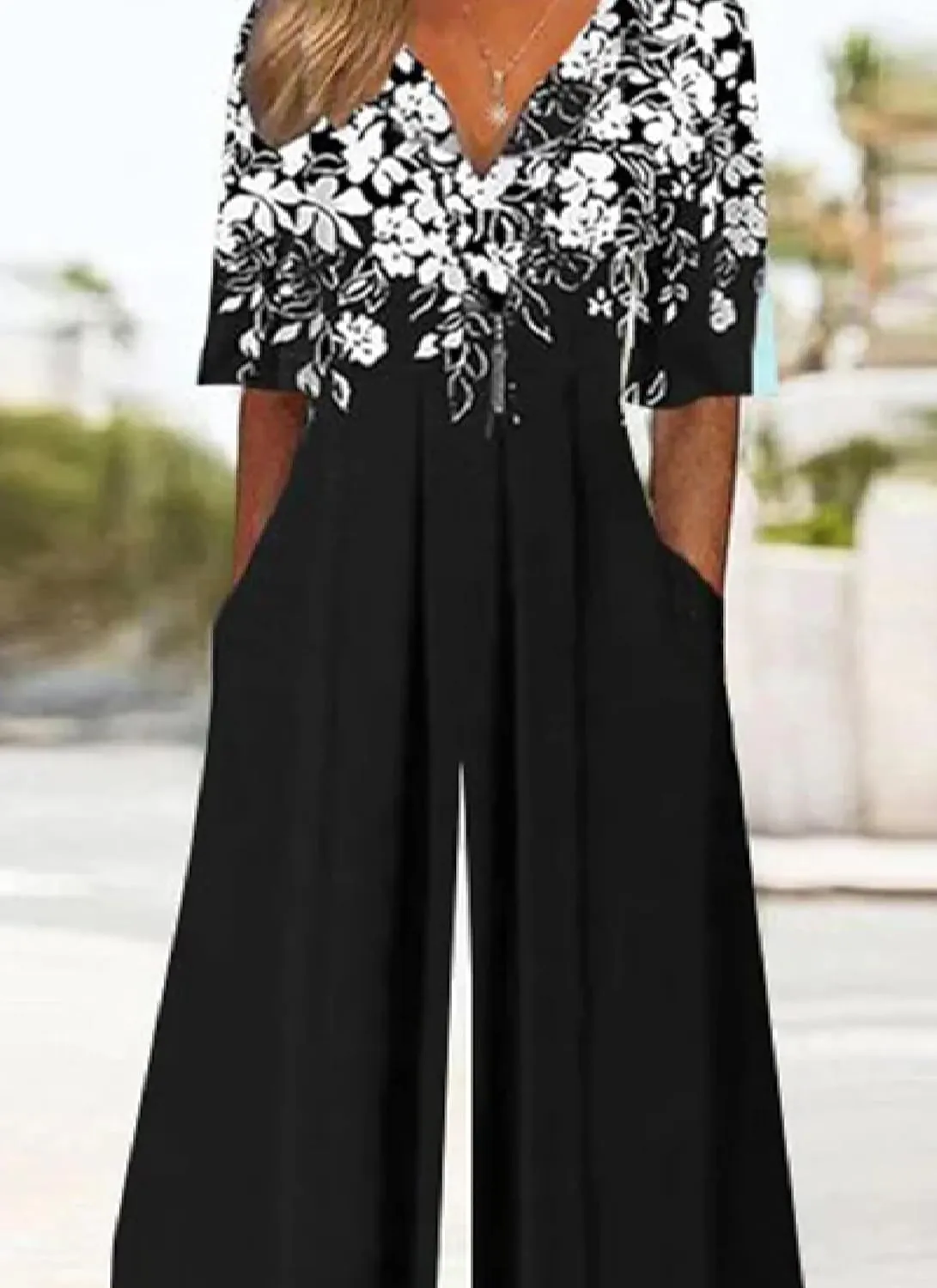Women's Jumpsuit 2025 Spring Outfits Half Sleeve V Neck Wide Leg Pants Rompers with Side Pockets