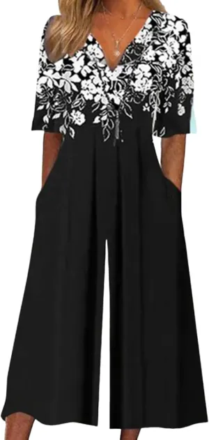 Women's Jumpsuit 2025 Spring Outfits Half Sleeve V Neck Wide Leg Pants Rompers with Side Pockets