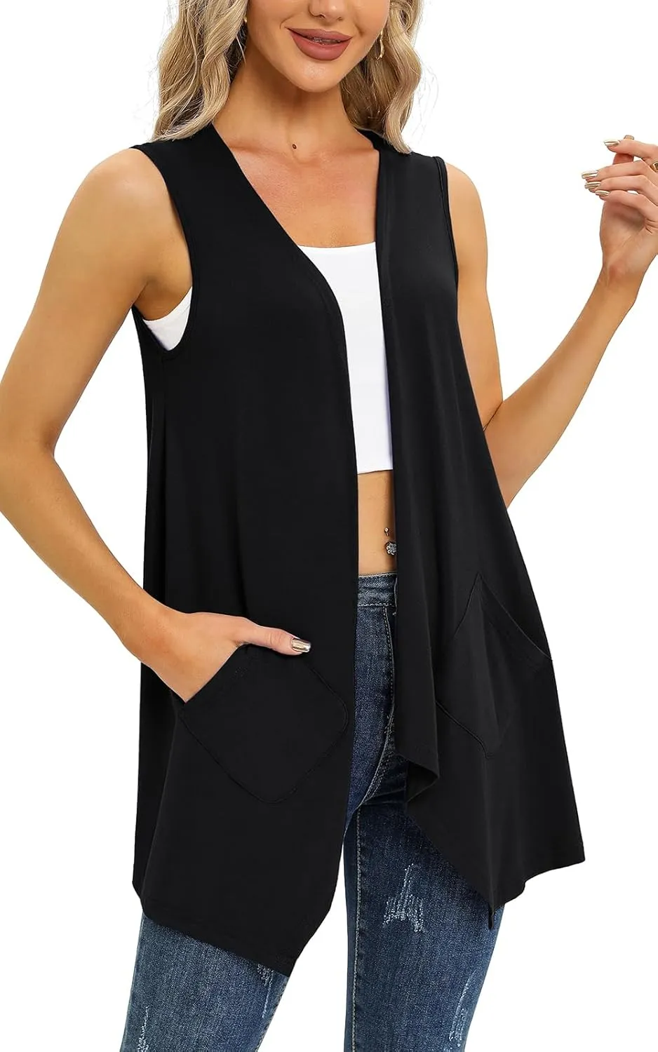 Women's Lightweight Cardigan Casual Soft Long Sleeve Floral Knit Cardigans with Pockets High Low Hem Draped Duster