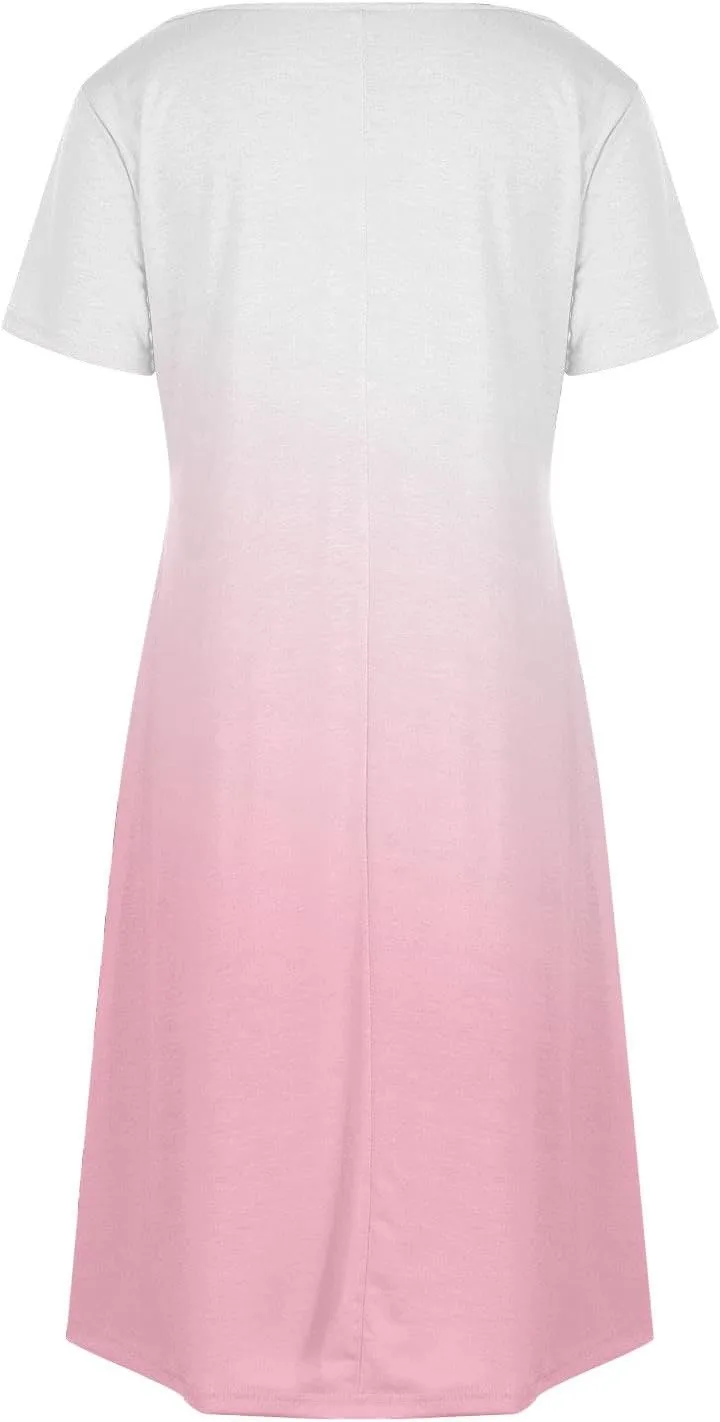 Womens Summer Dresses Casual Short Sleeve Gradient Color Dress Vacation Loose Crewneck Beach Sundress with Pocket