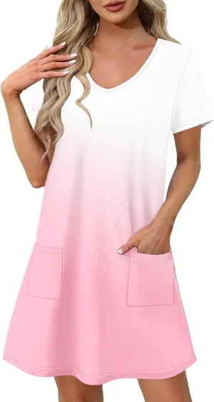 Womens Summer Dresses Casual Short Sleeve Gradient Color Dress Vacation Loose Crewneck Beach Sundress with Pocket